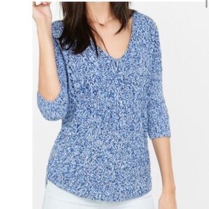 Express Oversized Cable Knit Slouchy 3/4 Sleeve V-Neck Sweater Blue White XS